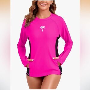 NWT Halcurt Long Sleeve Swim Shirt UPF 50+ Rash Guard Top Pink/Black w/pockets
